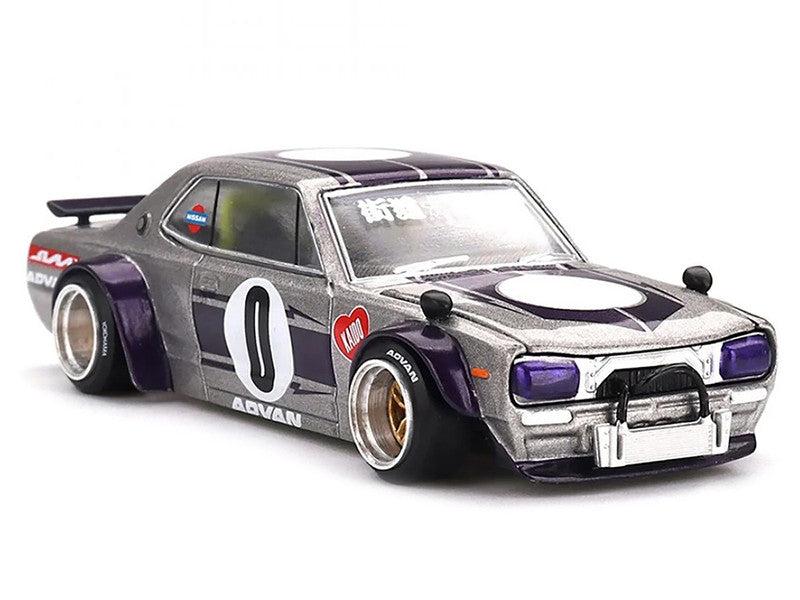 Nissan Skyline 2000GT-R (KPGC10) "Kaido Works V1" RHD (Right Hand Drive) #0 Silver Metallic with Purple Stripes (Designed by Jun Imai) "Kaido House" Special 1/64 Diecast Model Car by Mini GT
